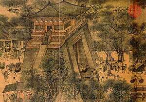 A section of the painting "Along the River During the Qingming Festival" which depicts a Bianjing city gate with a guard tower built on top of the gate.