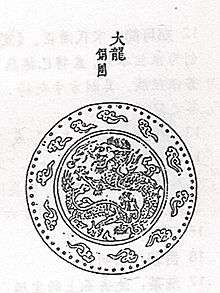 A drawing depicting a design inside of a circle, with that circle inside of a larger circle. The inner circle design contains a dragon curled in on itself, surrouned by flame. The outer circle contains a ring of small, isolated clouds spaced equally from each other.