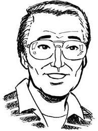 Black and white pen drawing of a middle aged Asian man.