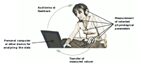A person is connected to a computer with sensors, receiving information from the sensors via visual and sound information produced by the computer.