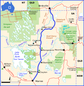 Map showing the route  of the Birdsville track