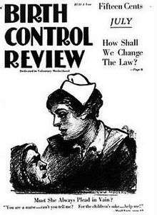 The cover of a 1919 magazine, titled "The Birth Control Review". On the cover a suffering mother asks a nurse for help to prevent more pregnancies.