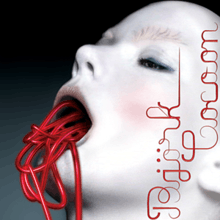 Up-close face image of a white woman with her mouth open whilst red wires are coming out of it. She has pink-blushed cheeks, and wears blue marcara on her eyes. On the right of the image the words "Björk" and "Cocoon" are written in red.