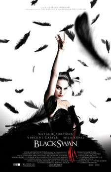 The poster for the film shows Natalie Portman with white facial makeup, black-winged eye liner around bloodshot red eyes, and a jagged crystal tiara.