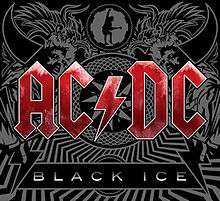 In the forefront, the logo for AC/DC in red letters, and under it a quadrilateral with "Black Ice" in white letters. In the background, a mosaic with tribal motifs, drawings of horns, wings, a man in a straitjacket, and a guitarist inside a cog.