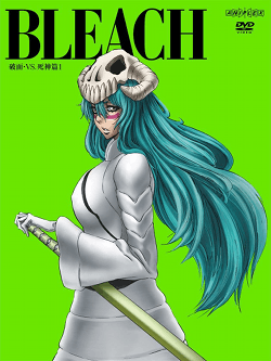 A DVD  cover shows a woman with a skull mask on top of her long green hair, one of her hands rests on a sword, and a solemn look adorns her face. Behind is a bright green background. The word "BLEACH" is prominent at the top of the cover.