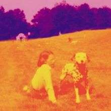 A photo of a little girl sitting on the ground outside in a farm paddock with a Dalmatian dog. The girl, the dog and the ground are orange in color while the trees and sky in the background are purple.