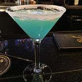 A blueberry Lemon Drop served with a sugared glass rim