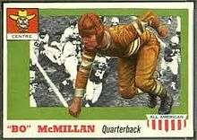 Football card with a crouching McMillin superimposed on a field of players