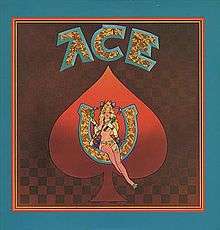 A painting of a woman seated inside of a horseshoe, superimposed over a red spade from a deck of cards with the word "ACE" written above