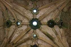 A vaulted stone ceiling. There are several circular holes in the ceiling.