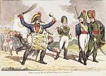 Satirical cartoon of depicting Napoleon being drummed out