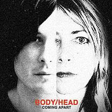 A monochrome collage of a man's face and a woman's face side by side. Text belows reads "Body/Head Coming Apart".