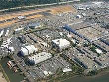Overhead view of factory complex.