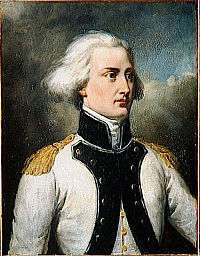 Painting of a man with a shock of white hair looking to the viewer's right. He wears a white military uniform with a black collar and lapels.