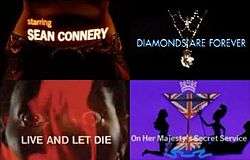 A woman's body with "Starring Sean Connery" projected on it; women alongside a cocktail glass with the Union Jack in it with "On Her Majesty's Secret Service" written underneath; a woman's open eyes and red smoke, with "Live and Let Die" written over the image; and a diamond necklace with "Diamonds Are Forever" written over it