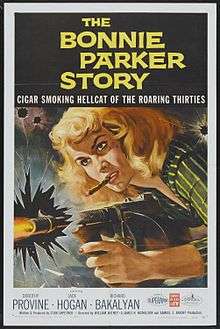 The top third of the poster contains large lettering, reading "The Bonnie Parker Story" and "Cigar Smoking Hellcat of the Roaring Thirties". Immediately below is an image of the head and arms of a woman firing a submachine gun. The woman appears to be in her 20s; she is blonde. The woman is smoking a cigar. She is firing the gun through a jagged hole in a glass window. Below the image is more text: "Starring - Dorothy Provine - Jack Hogan - Richard Bakalayan". In a smaller font near the bottom is the text: "Written and produced by Stan Shpetner - Directed by William Witney - A James H. Nicholson and Samuel Z. Arkoff Production".
