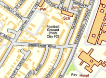 A map showing the Bootham Crescent association football ground and its surroundings