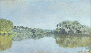 Painting of a river with tree-lined banks.