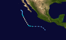 The storm path of Hurricane Boris. It starts south of Mexico, continues movement offshore, before eventually stopping east of Baja California