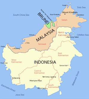 A map of Borneo showing East Malaysia in orange. Major cities are indicated. Labuan is the island off the coast of Sabah near Kota Kinabalu.
