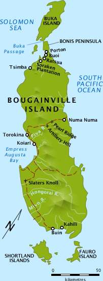 A map of Bougainville Island, indicating the location of several key battles in the campaign