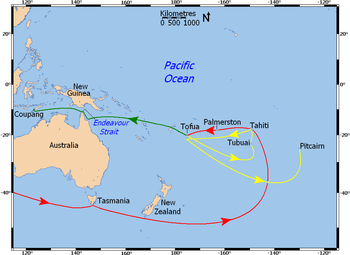 Map shows Australaian and New Zealand landmasses and a section of the southern Pacific Ocean. Bounty's travels are depicted by directional arrows coloured to distinguish movements before and after the mutiny.