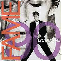 The single cover shows David Bowie standing in front of a Ziggy-era poster and the words "Fame 90 David Bowie"