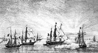 Engraving depicting several sailing warships, one of which appears to be firing its guns, with numerous other sailing vessels in the background.