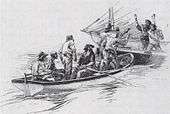 Men in a smaller boat hold two men in a larger boat at gunpoint