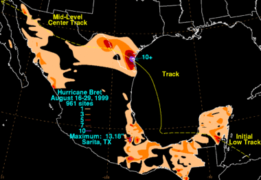 A map of rainfall in Mexico and the southern United States. The heaviest rainfall is along the Texas–Mexico border near the Gulf of Mexico.