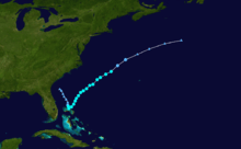 Storm track of a tropical storm that formed east of Florida and moved northeast out to sea.