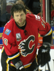 McGrattan stares intently into the distance during a pre-game warmup.