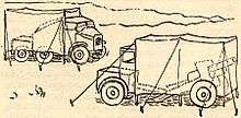 Sketch by Eighth Army camoufleur Brian Robb of the 'Cannibal' method of disguising gun, limber and 'Quad' as 2 trucks