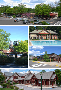 A medley of different scenes to represent the diversity of the village. At top is a photo of a street on the village's business district. Above center, right shows the Village Pool as part of Law Memorial Park. Below center, right shows Briarcliff Manor's high school. At the bottom is the village library, part of which was once Briarcliff's train station. Center, left shows the central business district with Briarcliff Manor's pocket park and clock in the foreground, and the old Municipal Building in the background.