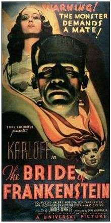 Movie poster with the head of Frankenstein's monster at the center, looking forward with a somber expression. Elevated above him is a woman looking down towards the center of the image. Near the bottom of the image is the Bride of Frankenstein, looking off to the right of the image as her hair surrounds the head of Frankenstein's monster and the body of the woman. Text at the top of the image states "Warning! The Monster Demands a Mate!" The bottom of the image includes the film's title and credits.