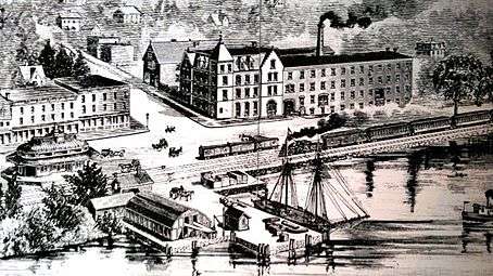 An engraving showing the factory building, surrounding neighborhood, waterfront, train station and railroad tracks