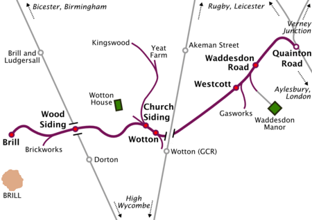 Map of a railway line running roughly south-west to north-east. Long sidings run off the railway line at various places. Two other north-south railway lines cross the line, but do not connect with it. At the north-eastern terminus of the line, marked "Quainton Road", the line meets three other lines running to Rugby & Leicester, Verney Junction, and Aylesbury & London respectively. The south-western terminus, marked "Brill", is some distance north of the town of Brill, which is the only town on the map. A station on one of the other lines, marked "Brill and Ludgersall", is even further from the town of Brill.