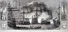 Two sailing vessels bracket another ship, each firing smoke into the central vessel. Two more ships are partially visible in the foreground and the scene is bordered by piled guns and standards.