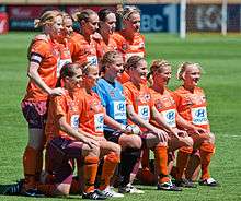A group of women, wearing orange football kits, in two rows.