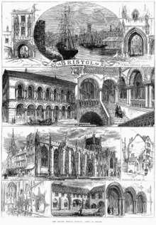  An engraving showing at the top a sailing ship and paddle steamer in a harbour, with sheds and a church spire. On either side arched gateways, all above a scroll with the word "Bristol". Below a street scene showing pedestrians and a horse-drawn carriage outside a large ornate building with a colonnade and arched windows above. A grand staircase with two figures ascending and other figures on a balcony. A caption reading "Exterior, Colston Hall" and Staircase, Colston Hall". Below, two street scenes and a view of a large stone building with flying buttresses and a square tower, with the caption "Bristol cathedral". At the bottom views of a church interior, a cloister with a man mowing grass and archways with two men in conversation.