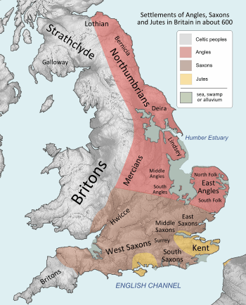 A map of England, Wales and southern Scotland. The Britons are shown in the soutwest and northwest of England. In the northeast are the Northumbrians, with the Bernicians to the north of the Deirians. The Mercians are in the middle, with the Gainas, Lindisfaras, and Middle Angles to the east. An number of smaller tribes are shown in the south.