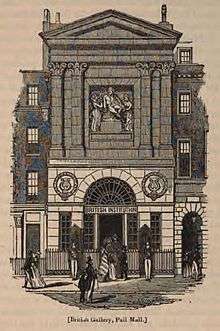 Engraving of a building designed in the classical style, with pilasters, a pediment, and a statue on the top section, and a rounded arch over the doorway on the lower.