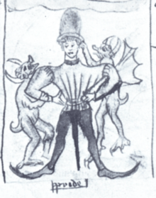 Drawing of devils accosting a medieval nobleman.