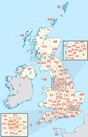 Map of the United Kingdom and Crown dependencies showing postcode area boundaries