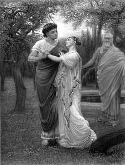 A print. In the foreground are a young man and awoman in each others arms. An older man looks on. All are dressed after the ancient Roman style
