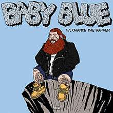 A husky bearded man sporting a black leather jacket and white t-shirt combination, blue short jeans and yellow work boots sits center on the edge of a cliff with his eyes closed and a tear shedding in his left eye. The background and song title are both light blue with the song title appearing to shed tears. The featured artist's name is colored in black.