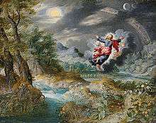 painting of a dark gray skies with trees and water, and a human image, flying, with arms outstretched