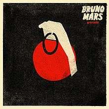 Red hand grenade with a white handle and a black safety pin on a black background. The word "Grenade" is in lowercase red font beneath the words "Bruno Mars" in white capital font to the upper right.