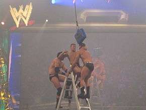 Three professional wrestlers fight on top of a ladder in the ring. A blue briefcase hangs in the air barely above them.